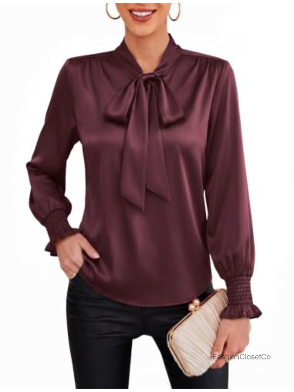 Satin Bow Tie Neck Blouse Long Sleeve Smocked Cuff Dressy Top